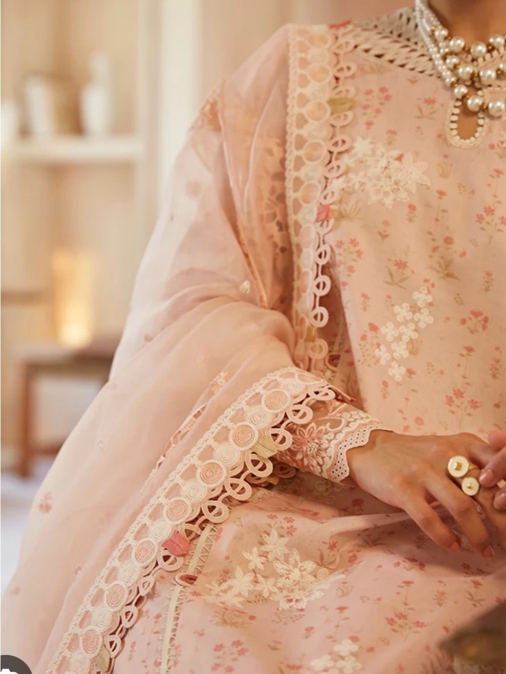 Blush Pink Long Sleeve Maxi Dress with Lace Details - Picture 3 of 4